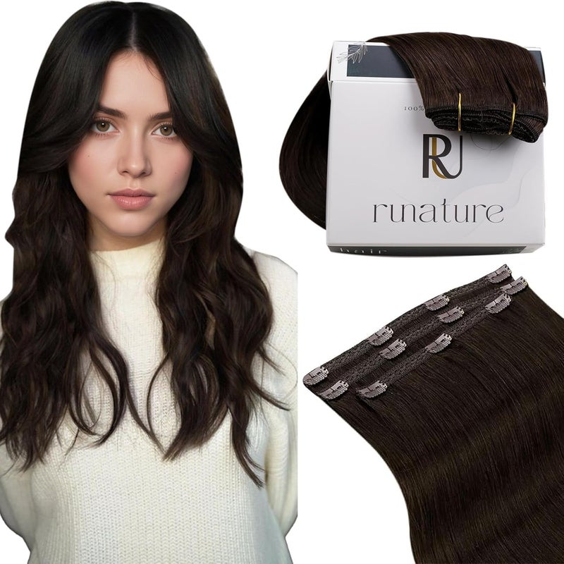 RUNATURE Brown Clip in Hair Extensions, Real Human Hair Clip in Extensions, Short Hair Extensions Clip Ins 10 Inch, Double Weft Remy Natural Hair, Tangle Free, 50g 3pcs #2 Dark Brown - Image 1